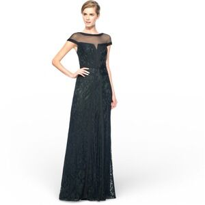 Tadashi Shoji‎ Black Corded Lace Gown Size 10 Cap Sleeve Illusion Neckline